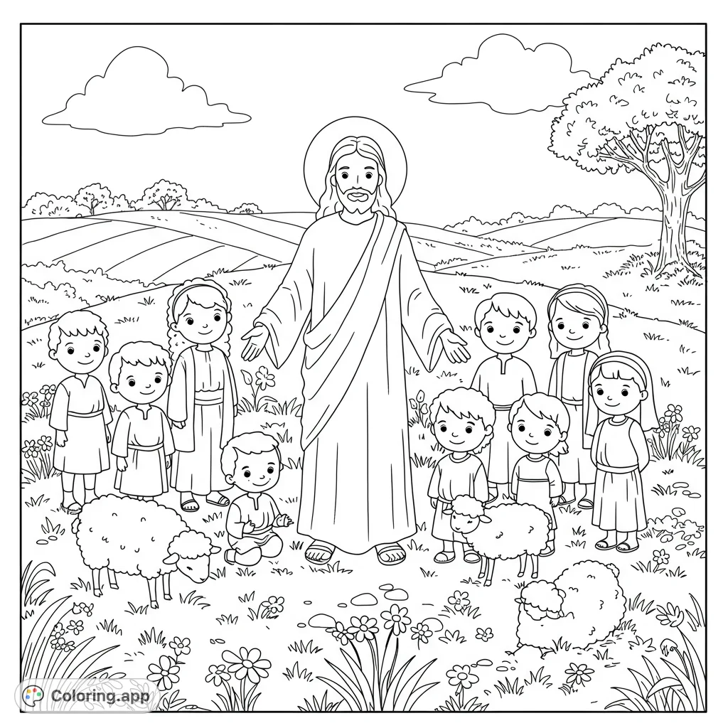 Jesus with children and sheep on a hillside. Detailed black and white line art for a peaceful coloring experience.