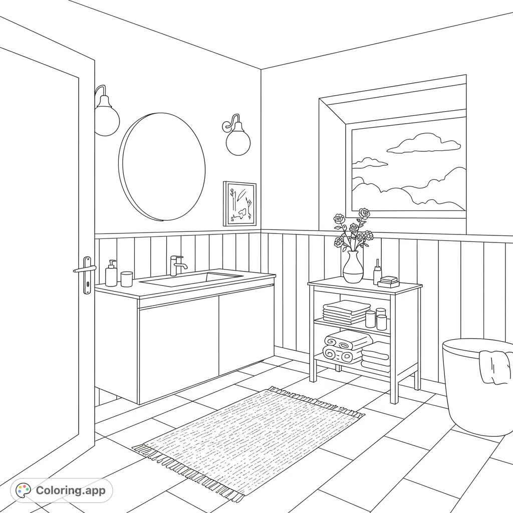 Explore a serene minimalist bathroom interior, featuring a sleek vanity, circular mirror, and plush rug. A peaceful scene for mindful coloring.