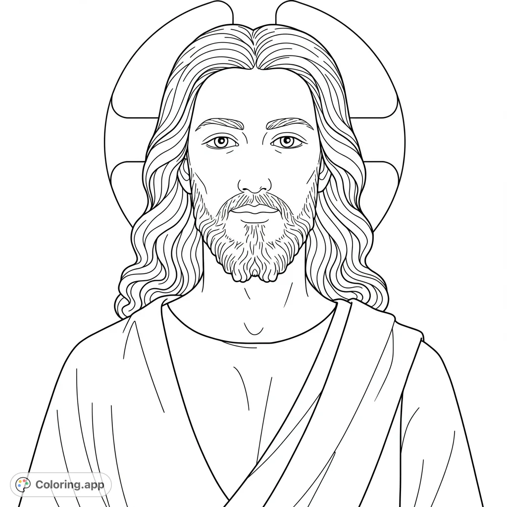A serene Jesus coloring page, perfect for spiritual reflection. Features a gentle portrait with flowing hair, beard, and a radiant halo.