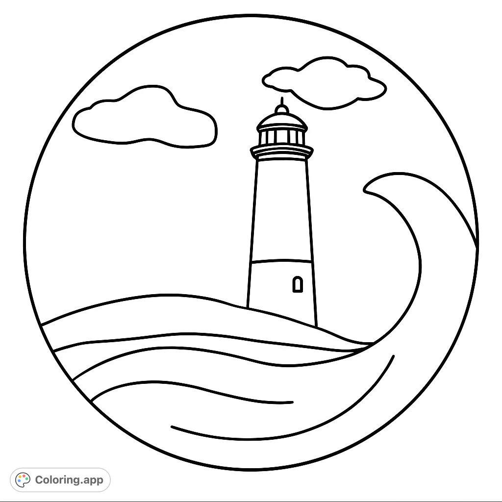 Explore a serene lighthouse scene within a circular frame, featuring a tall beacon, rolling waves, and simple clouds. A free printable lighthouse coloring page.