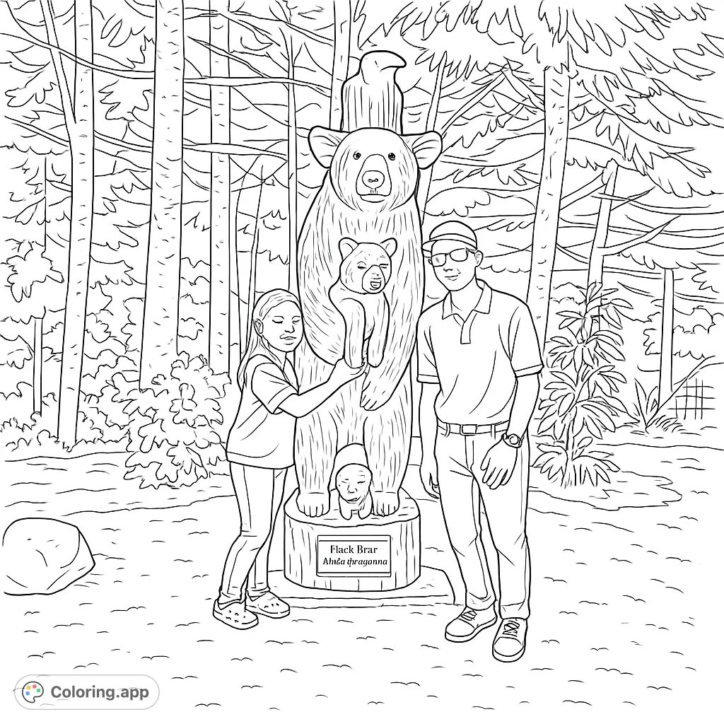 Discover a forest bear statue coloring page featuring a family admiring a majestic wood carving. A free printable nature coloring page for all ages.
