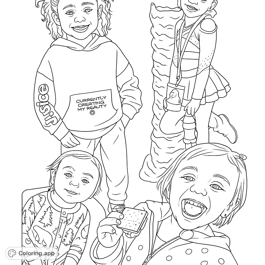 Four happy children in various poses, from a curly-haired kid in a hoodie to a laughing child with a snack. A delightful kids coloring page.