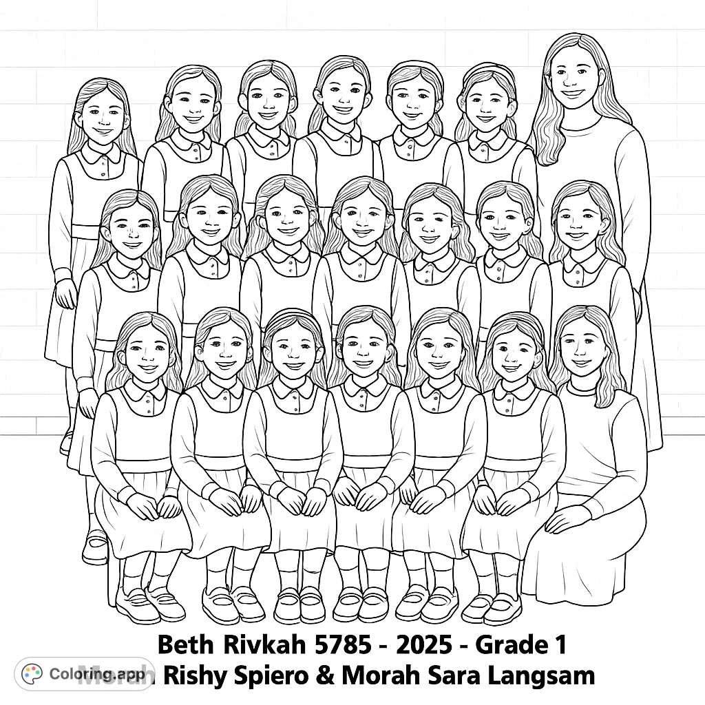 A charming school class portrait featuring smiling girls and their teacher, perfect for a free printable school coloring page for kids.