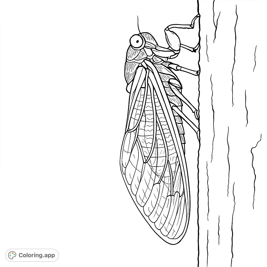 Detailed cicada clinging to a textured tree trunk. Intricate wings and segmented body offer a captivating nature coloring page for all ages.