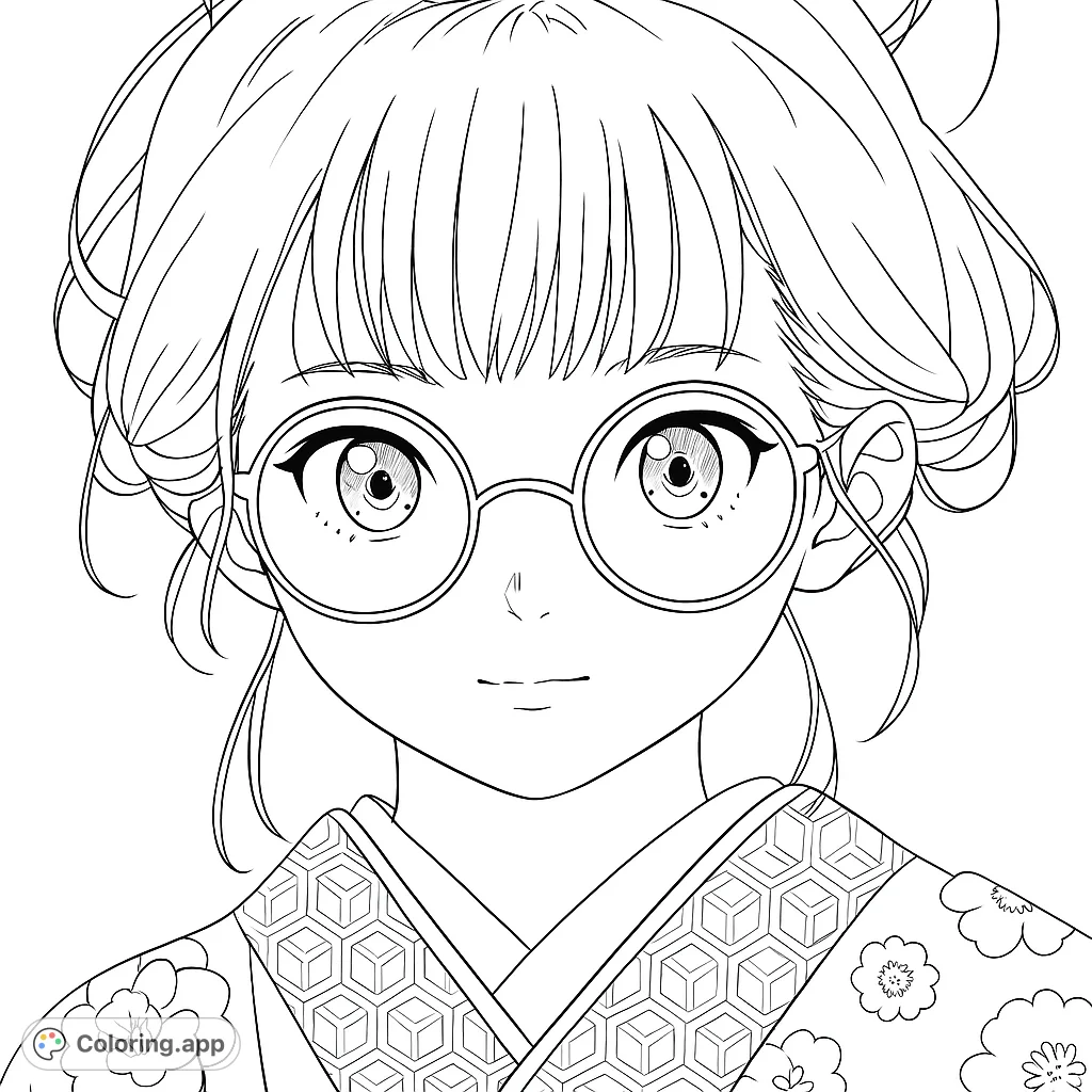 Detailed coloring page of a girl with glasses wearing a kimono. Features intricate floral patterns and a cute anime style.