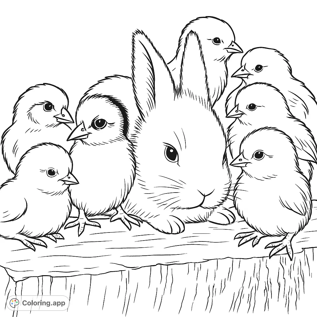A heartwarming free printable coloring page featuring a fluffy rabbit surrounded by six adorable chicks on a wooden plank. Perfect for kids and adults!