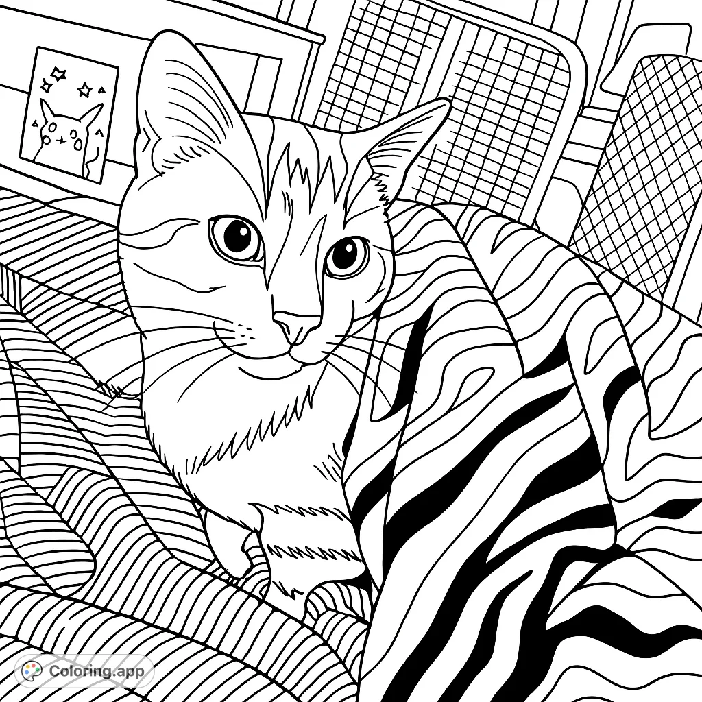 A charming cat peeks from a cozy blanket, inviting colorists to bring its playful gaze and patterned surroundings to life. A delightful free printable coloring page.