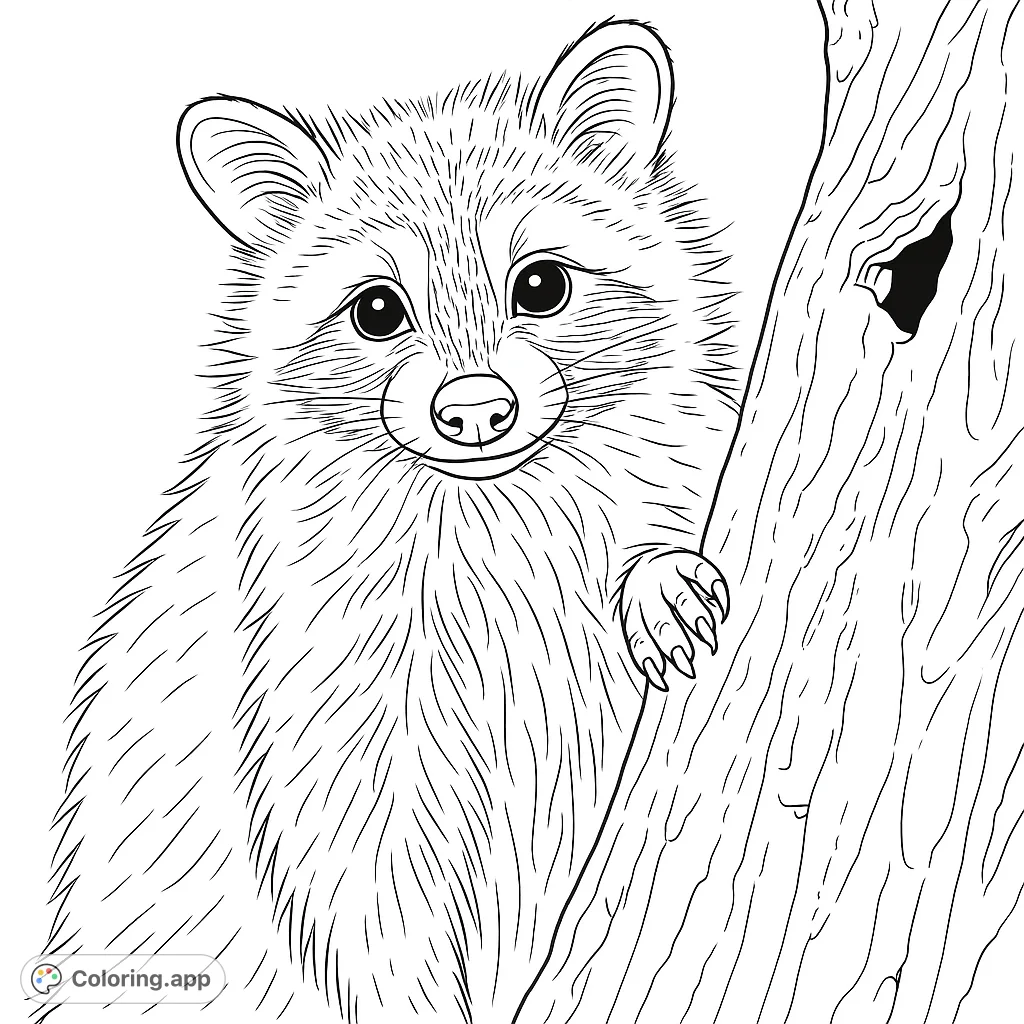 A charming raccoon peeks from behind a tree, its fluffy fur and expressive eyes ready for your creative colors. A delightful nature scene.