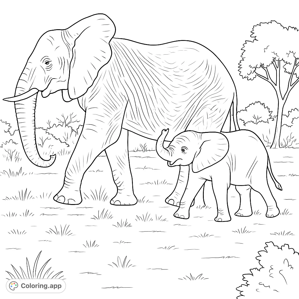 A heartwarming elephant family coloring page featuring a majestic adult and playful calf walking through a savanna landscape. Free printable elephant coloring page for kids and adults.