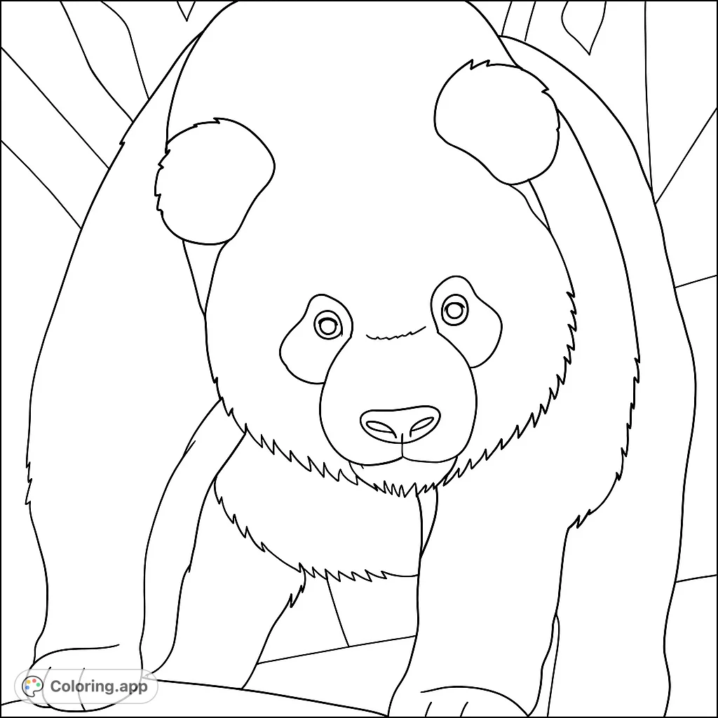 A charming panda coloring page featuring a friendly giant panda with distinct fur details and a simplified bamboo forest background. Perfect for all ages!