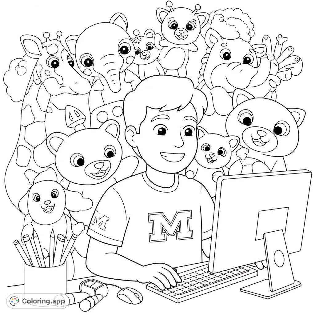 A cheerful boy at his computer, surrounded by a playful crowd of smiling stuffed animals. A delightful scene for kids and adults to color.