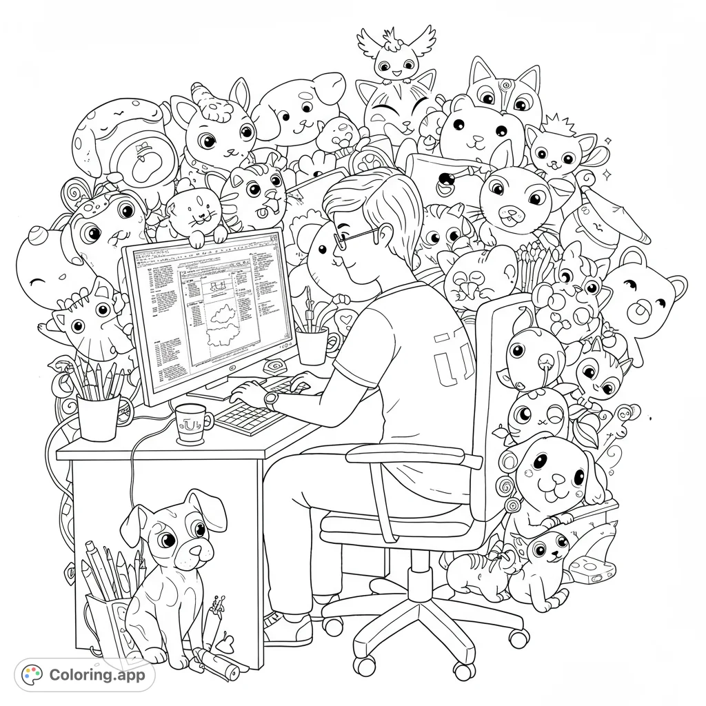A detailed IT-themed coloring page featuring a coder at a desk surrounded by a whimsical array of cute, cartoon animals. Perfect for tech enthusiasts and animal lovers.