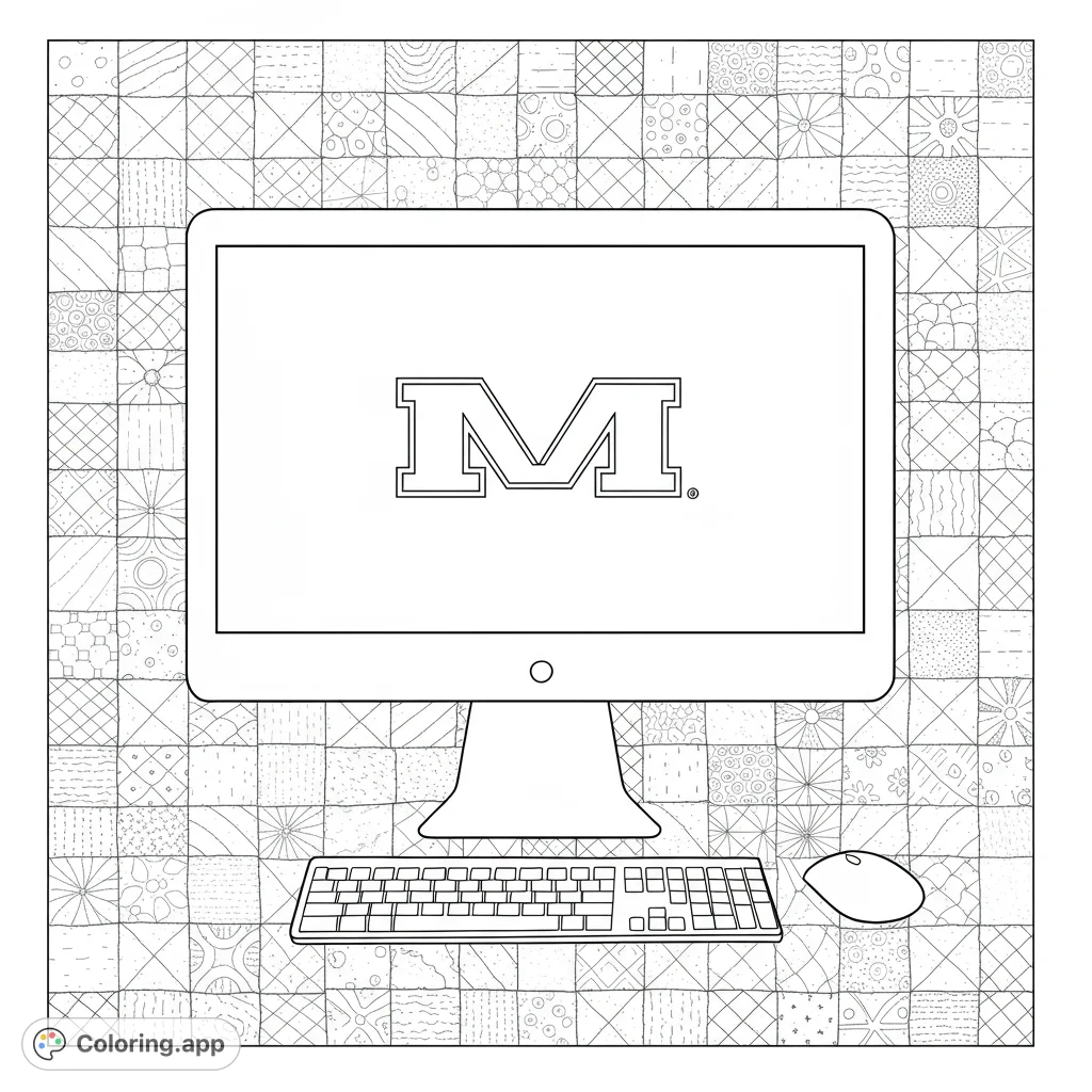 A detailed computer setup coloring page featuring a monitor with a bold 'M', keyboard, and mouse, all set against an intricate grid of unique abstract patterns.
