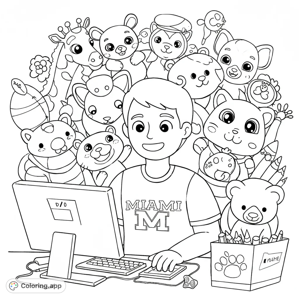 A cheerful student at a computer desk, surrounded by an adorable array of plush animal friends. A fun, free printable coloring page for kids and adults.