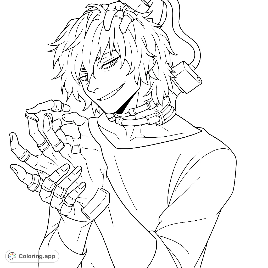 An intriguing anime character with spiky hair, a sly smirk, and unique tech devices on his hands and neck. A captivating free printable coloring page.