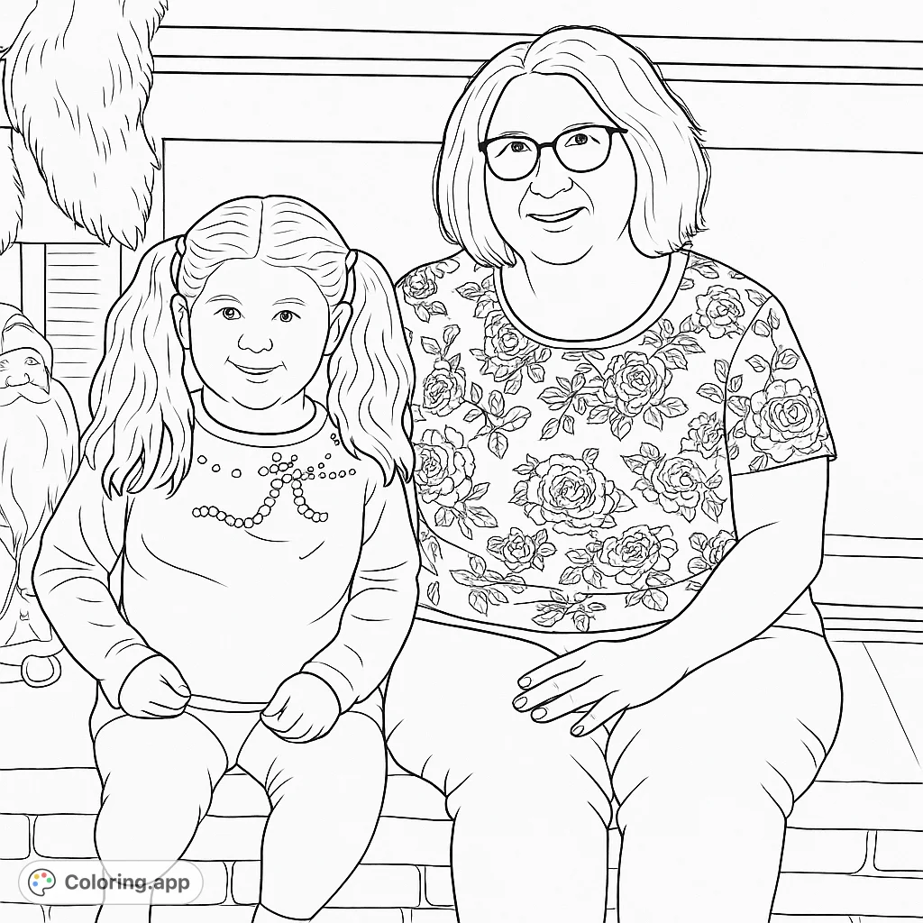 A heartwarming family bonding coloring page featuring a grandmother and granddaughter, perfect for all ages. Free printable for creative fun!