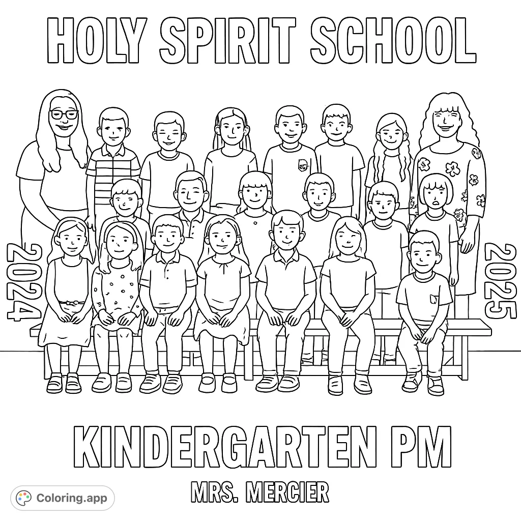 A charming school class portrait featuring a group of smiling children and their teachers, perfect for a free printable school class coloring page.