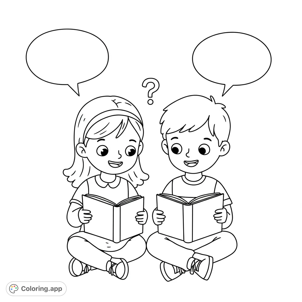 A delightful children reading coloring page featuring a boy and girl with books and speech bubbles, perfect for young learners and creative storytelling.