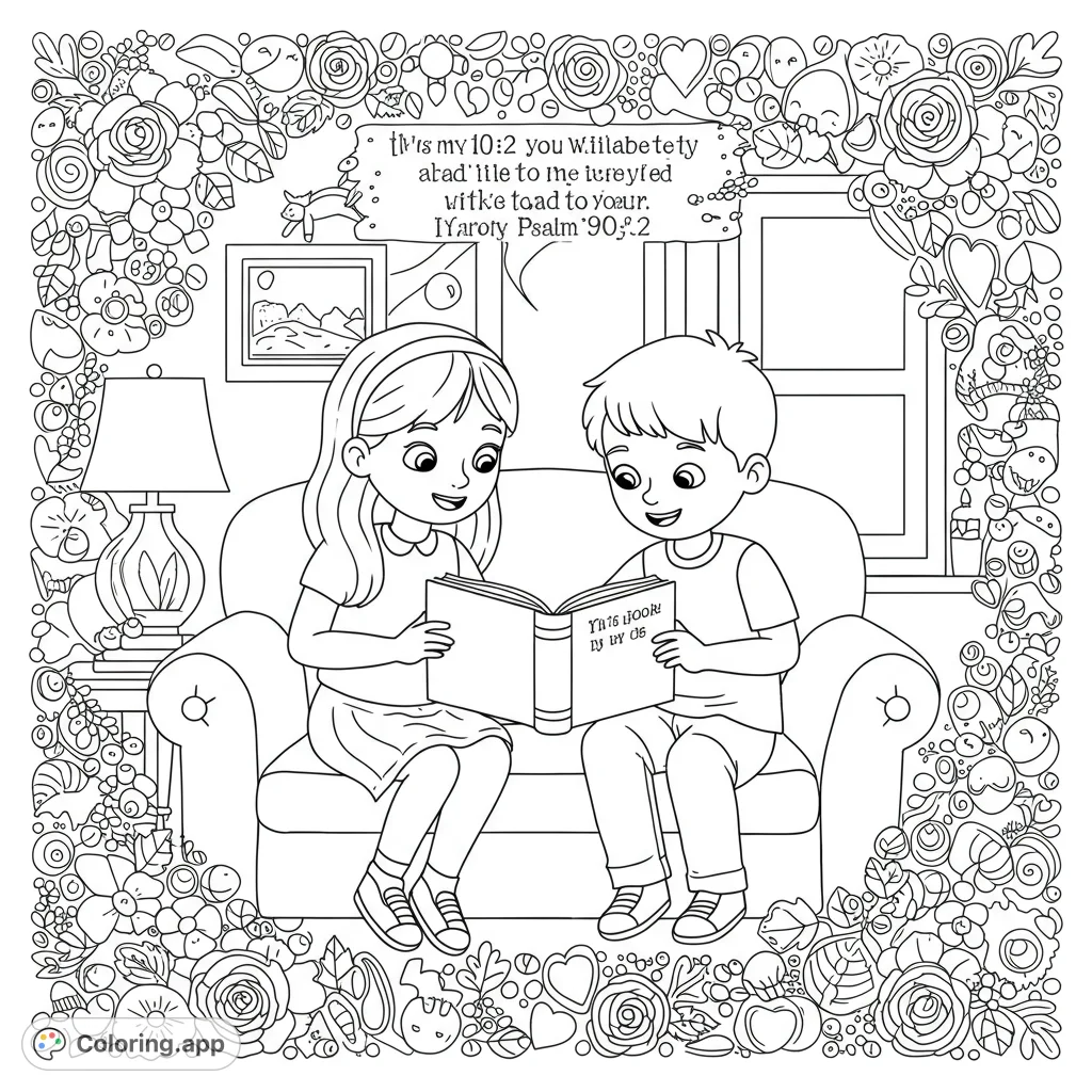 A heartwarming scene of two children sharing a book on a cozy couch, framed by an intricate floral border. Perfect for family and reading fun.