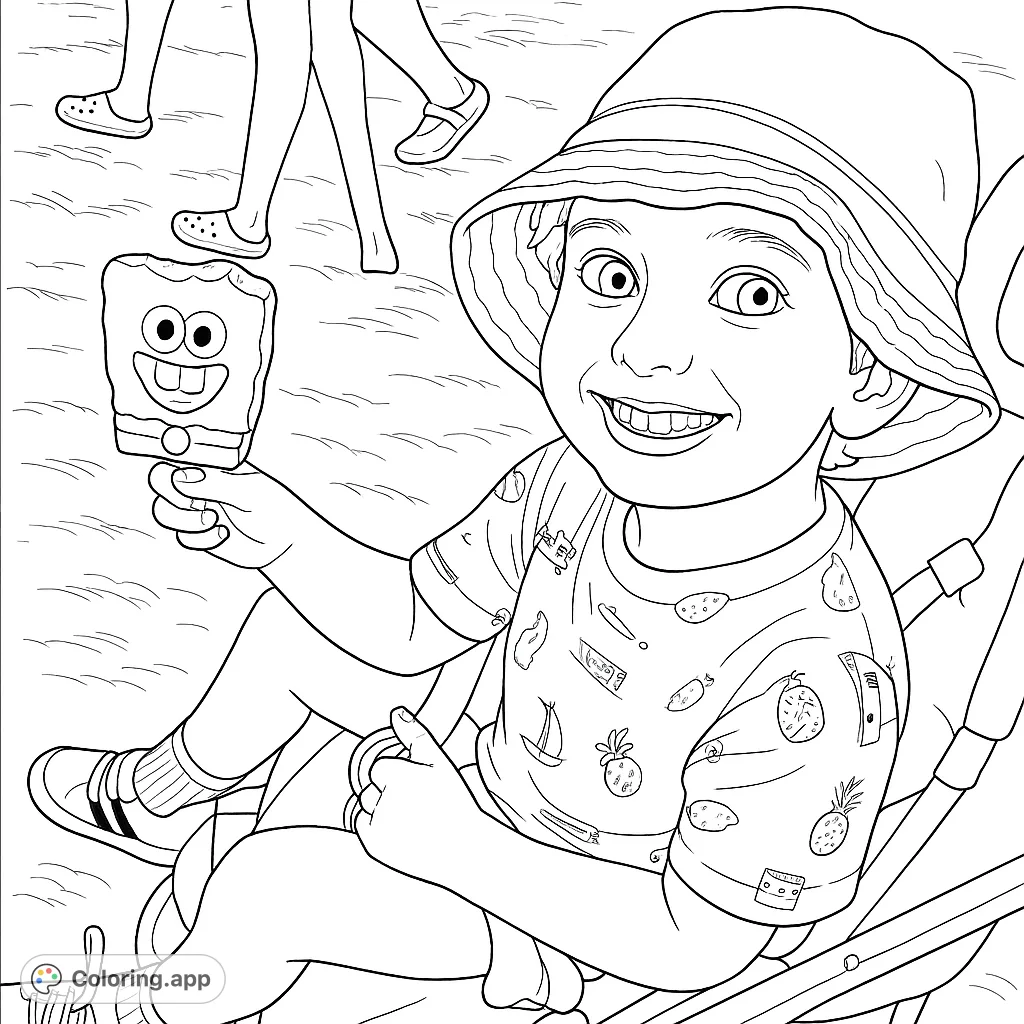 A joyful child in a stroller, wearing a hat and patterned shirt, happily holds a character ice cream bar. Perfect for a fun, summer-themed coloring page.