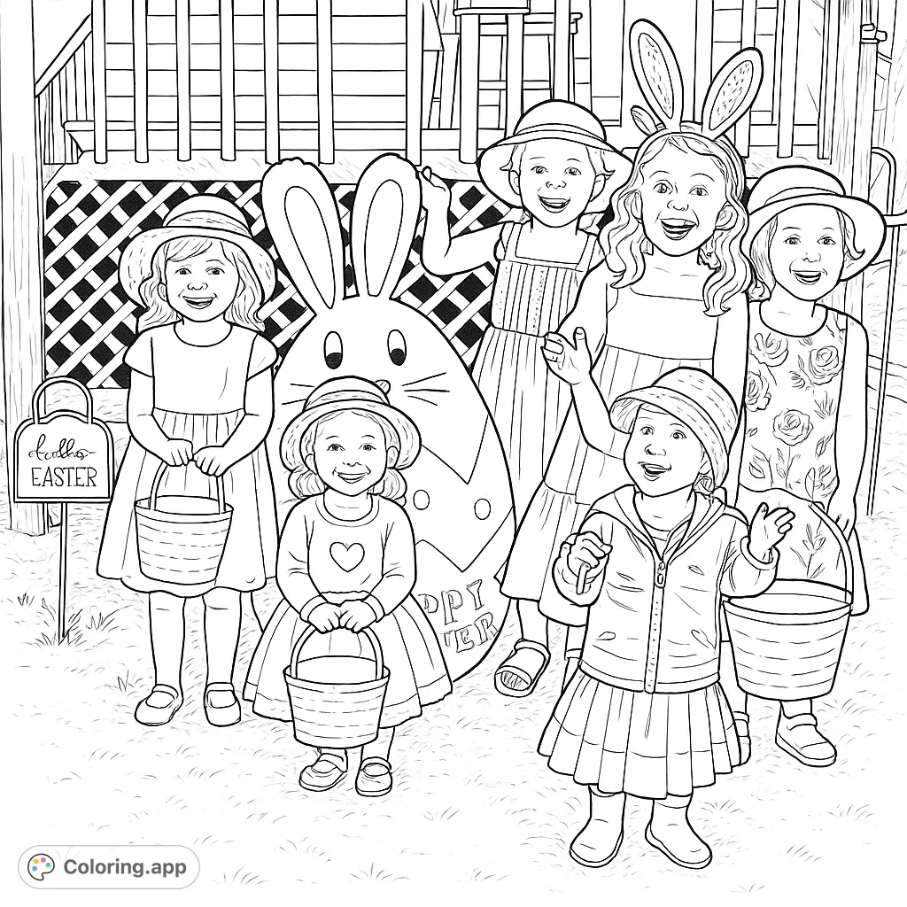 Six smiling children with hats and buckets pose in a festive outdoor scene, ready for an exciting egg hunt with a cheerful bunny egg.
