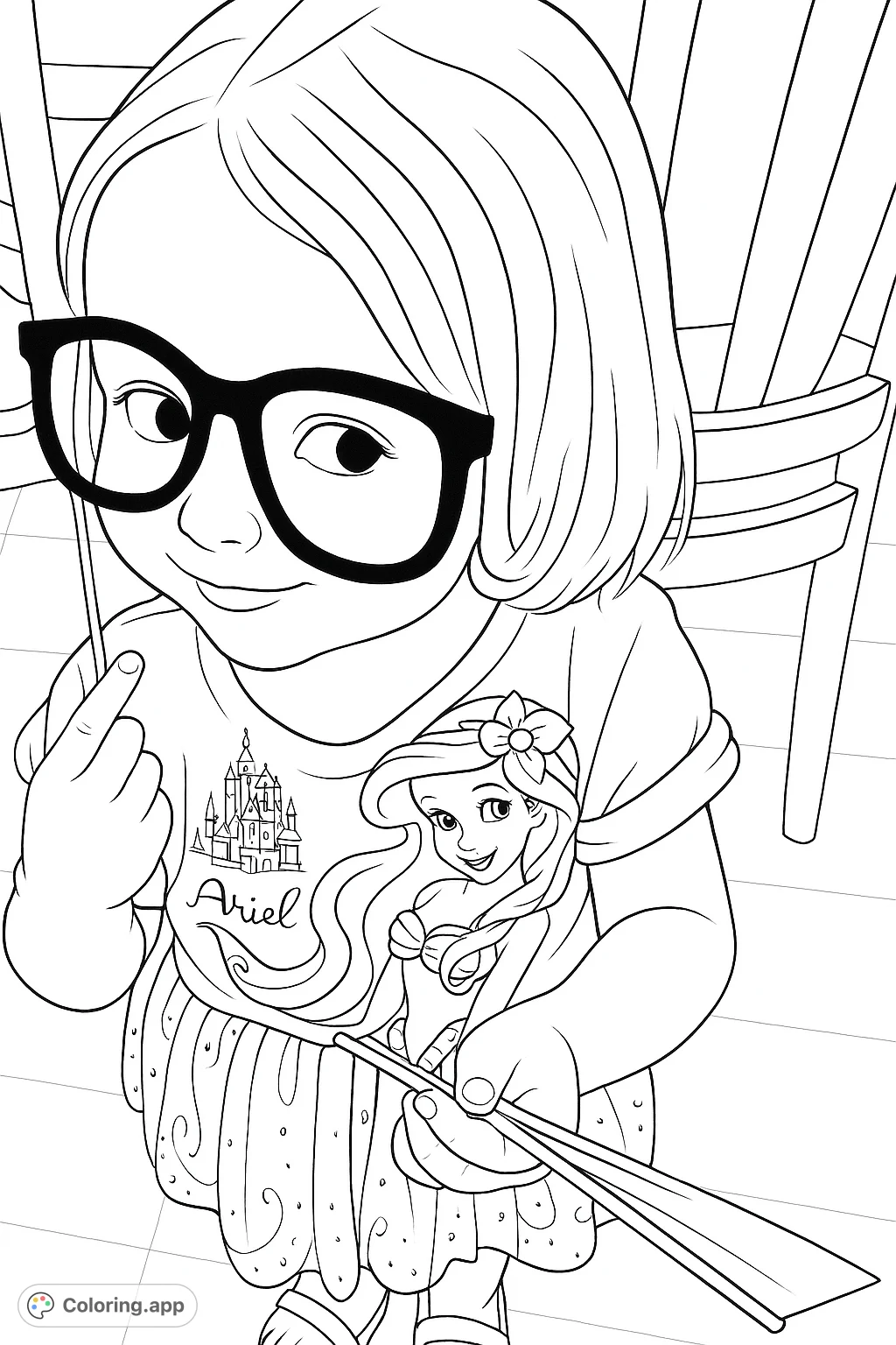 A delightful coloring page featuring a child wearing fun novelty glasses and a mermaid-themed outfit, ready for imaginative play and creative expression.