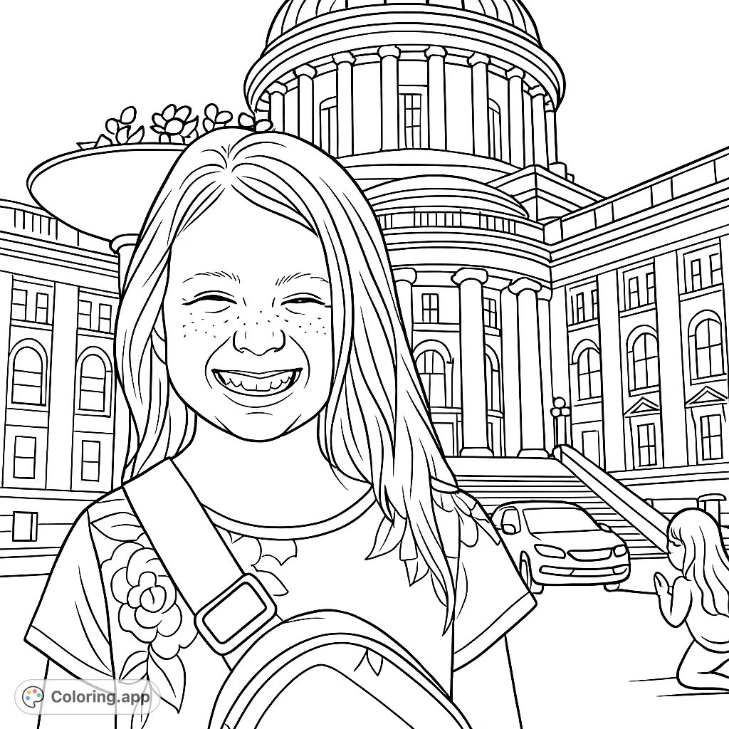 A cheerful child with freckles and a floral shirt smiles in front of a majestic domed building, perfect for a fun coloring adventure.