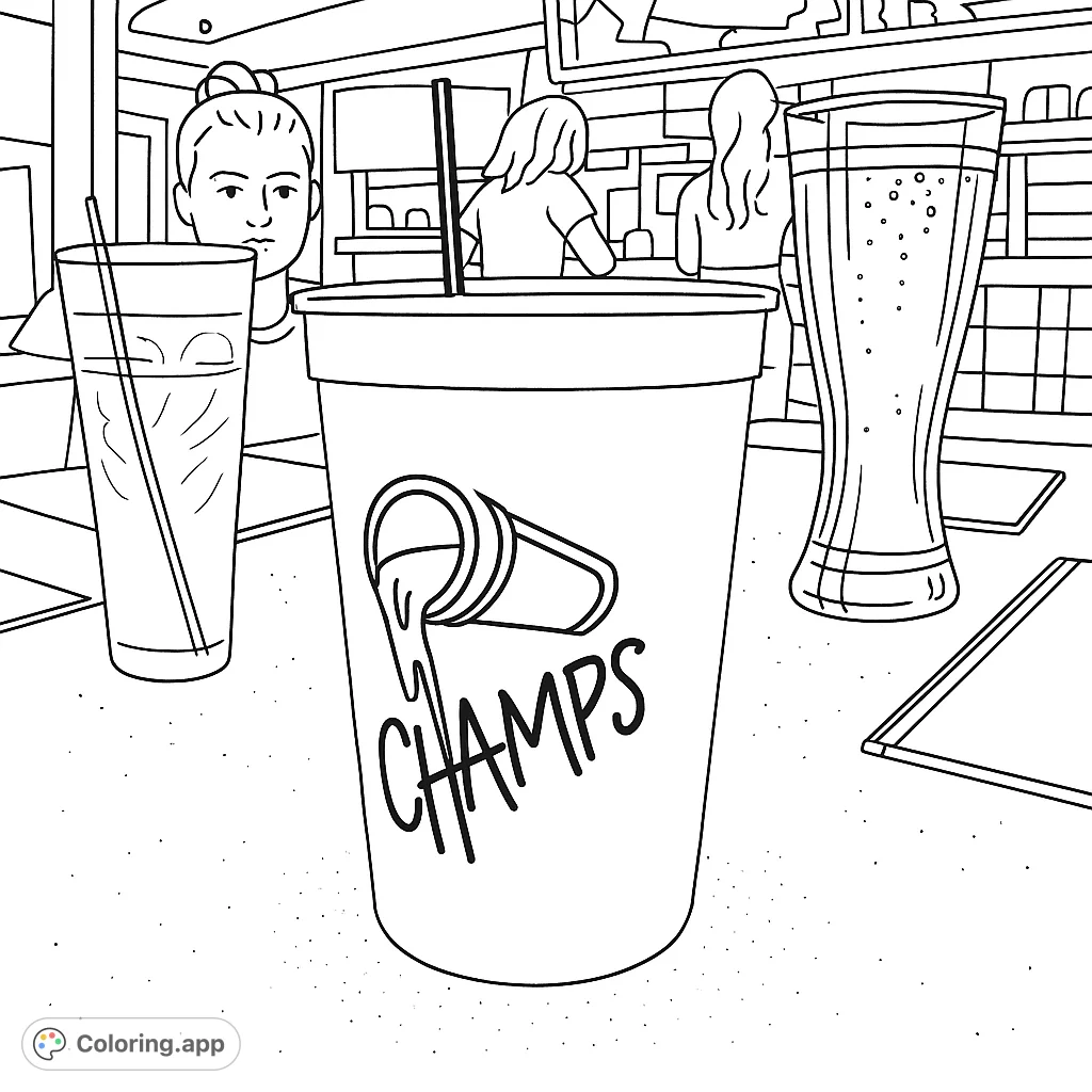 A lively bar scene coloring page featuring a large "CHAMPS" cup, various drinks, and people in the background, perfect for a fun coloring session.