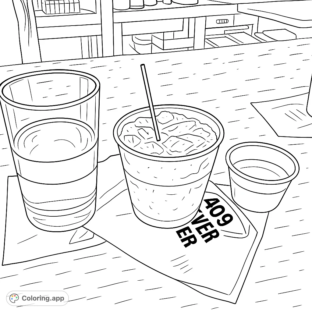 A refreshing bar counter coloring page featuring a tall water glass, an iced drink with a straw, and a small cup, perfect for a relaxing coloring session.