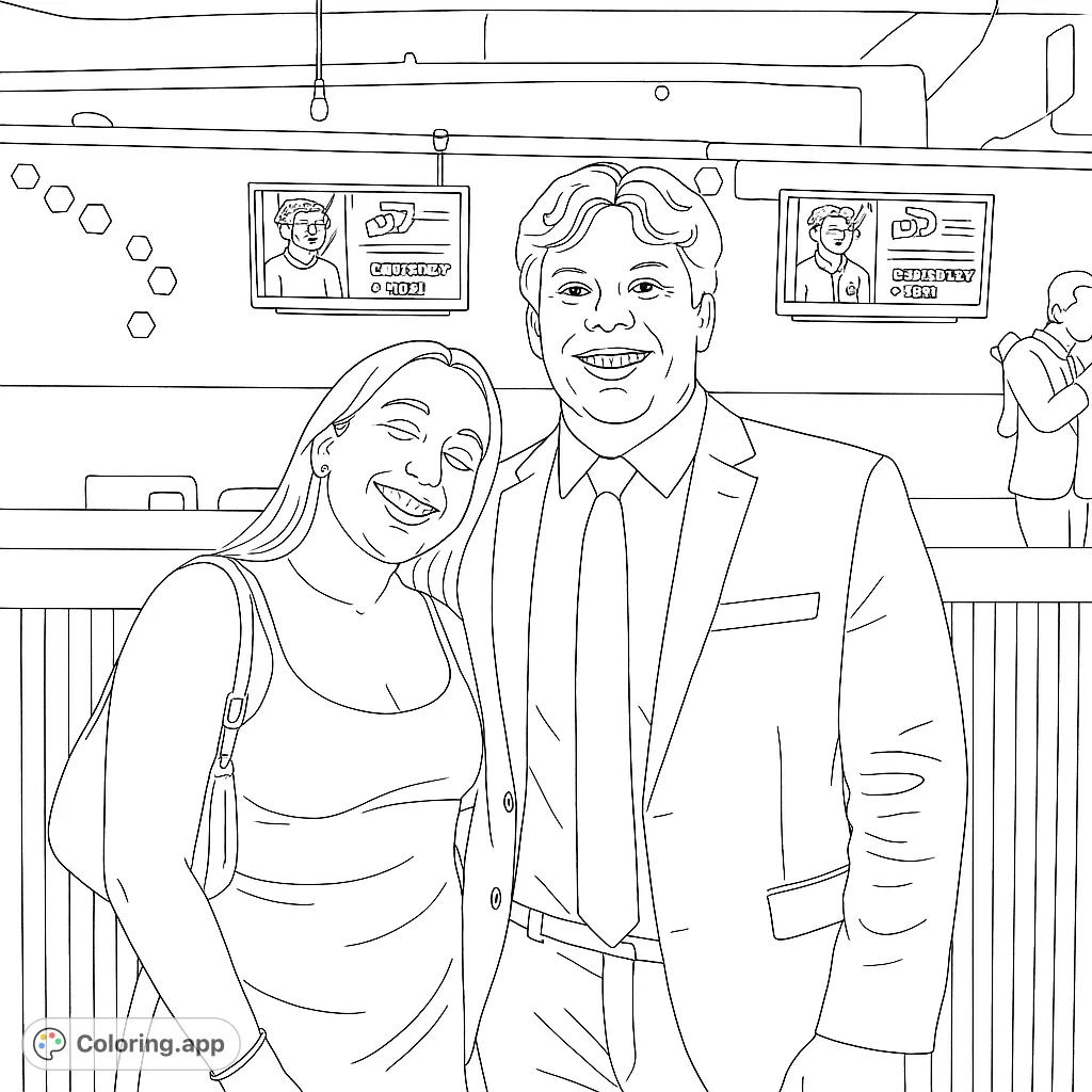 A free printable smiling duo portrait coloring page, perfect for all ages. Features a man in a suit and a woman, with a detailed background.