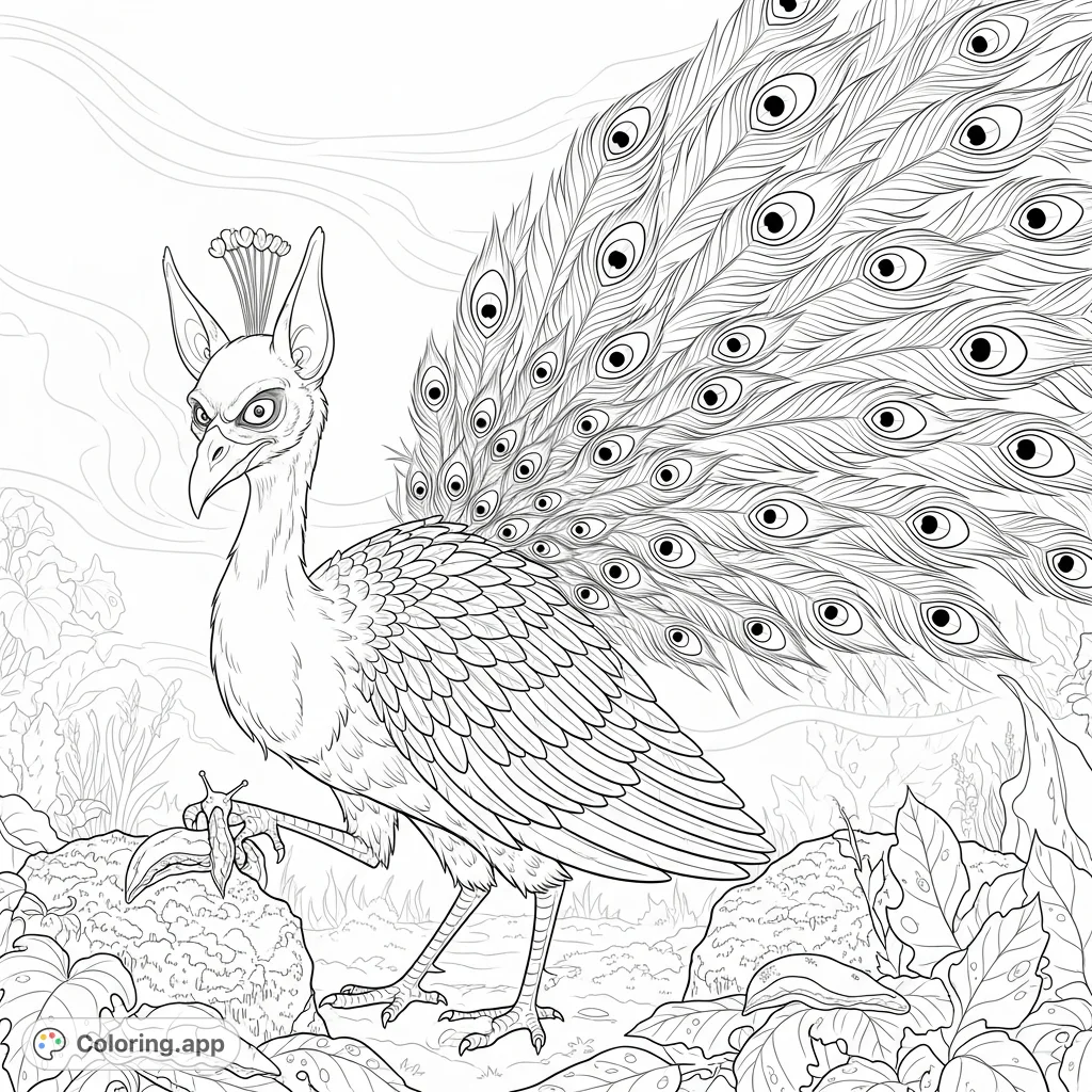 Discover Ash, the eerie peacock, in a haunted garden. His intricate feathers, pointy ears, and piercing eyes create a mysterious scene, perfect for spooky coloring fun.