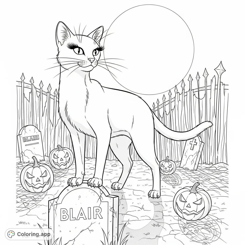 Explore a mysterious Halloween cat coloring page featuring Blair, a graceful feline amidst a moonlit graveyard with jack-o'-lanterns and weathered tombstones. Perfect for spooky fun!
