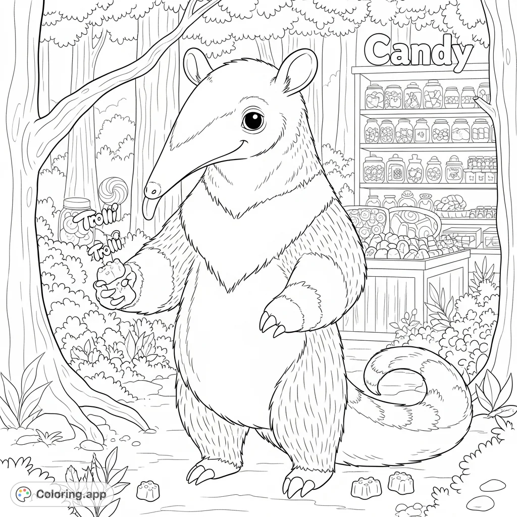 Join Candy, the charming anteater, in her whimsical world. This free printable Halloween anteater coloring page features her with Trolli gummies in a forest and candy shop setting.