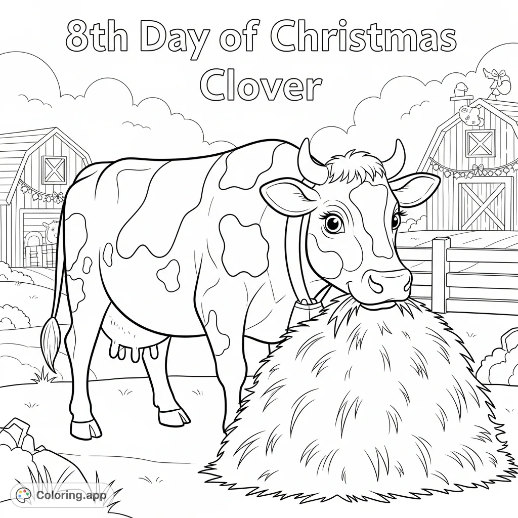 Meet Clover, the charming cow, on her festive farm! This delightful coloring page features striking patterns and a '8th day of Christmas' theme.
