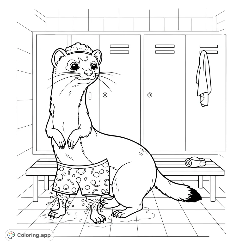 A weasel with smelly feet in a locker room after swimming! Fun, detailed black and white line art for kids and adults.