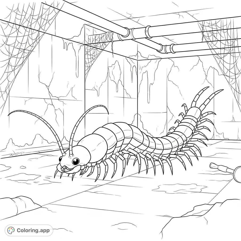 Embark on a thrilling Halloween adventure with Crawlie, the daring centipede, lurking in a mysterious basement filled with cobwebs and shadows.