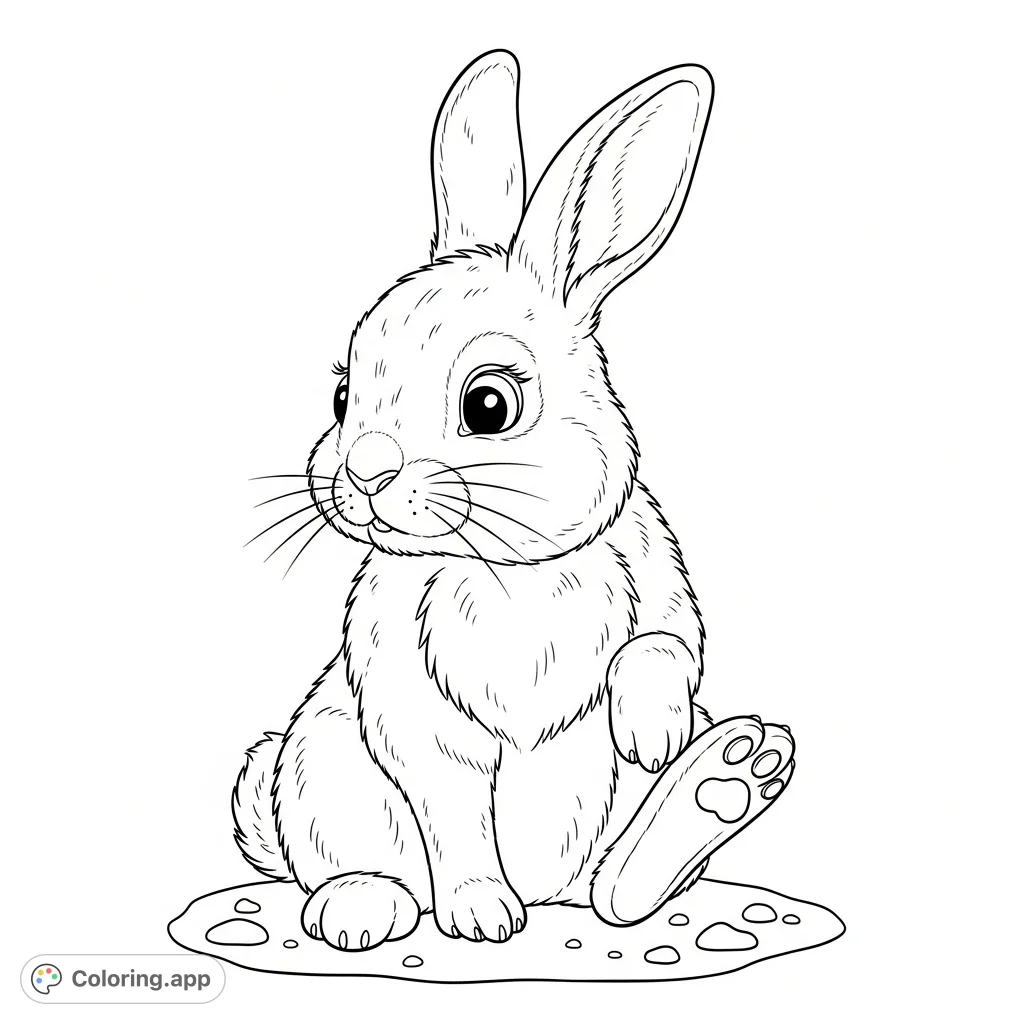 A charming rabbit coloring page featuring a fluffy bunny with a curious expression, examining its detailed paws. Perfect for animal lovers!