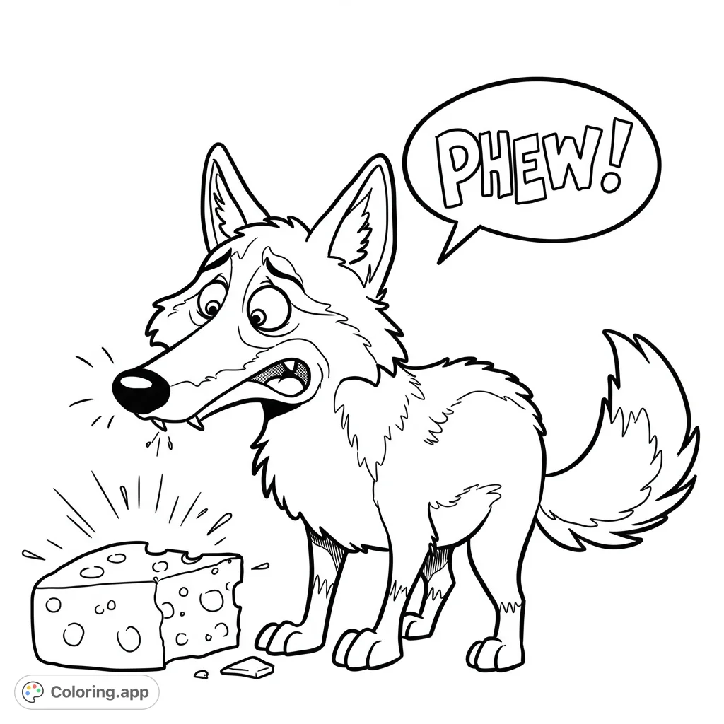 A funny wolf recoils from smelly cheese in this free printable coloring page. Perfect for kids and adults who love humorous animal scenes.