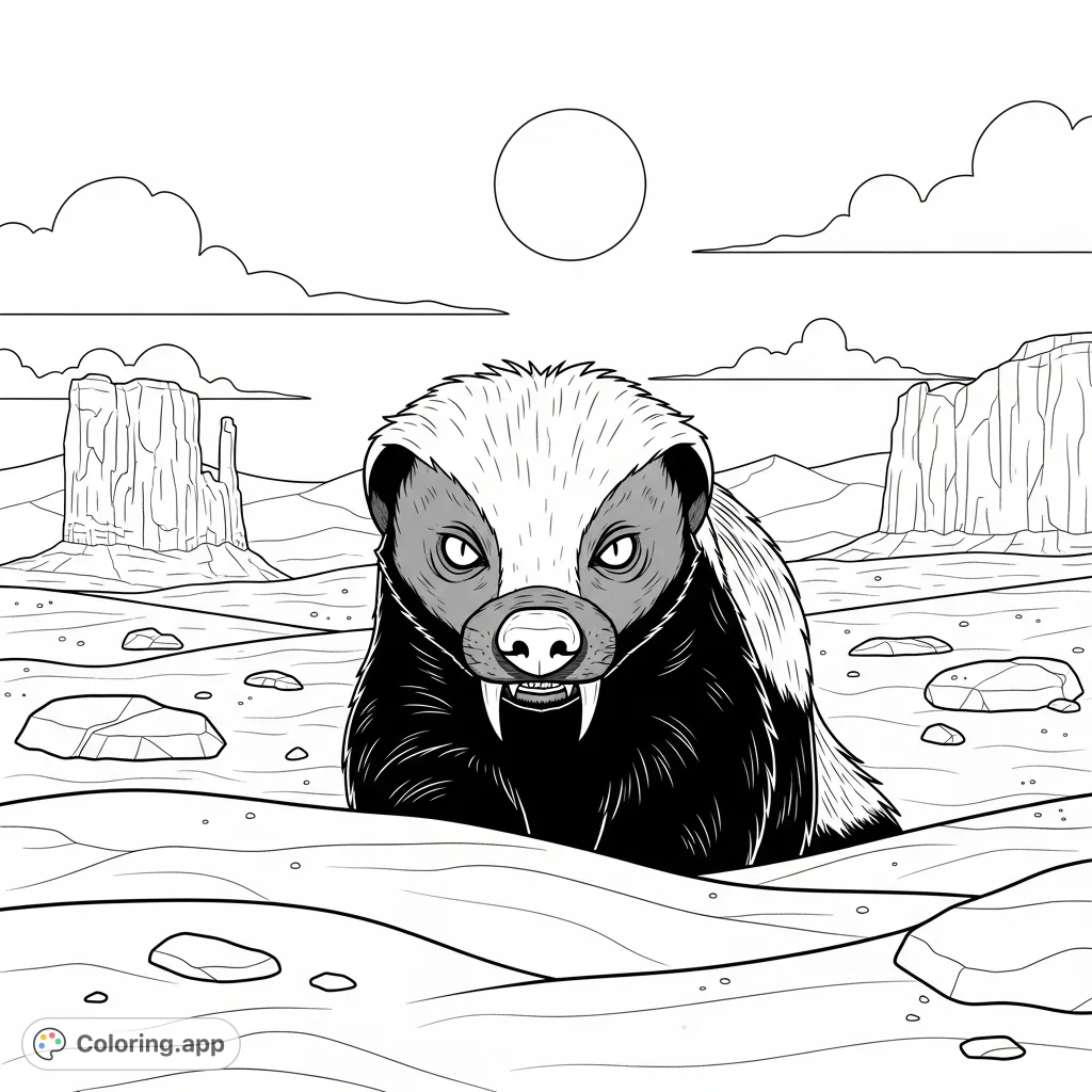 Unleash your creativity with Drusilla, the mysterious honey badger, emerging from shadows under a full moon in an eerie desert. A thrilling Halloween creature coloring page!