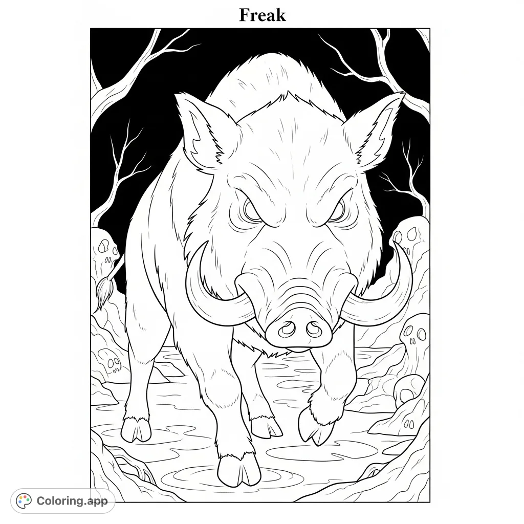 A fierce wild boar named Freak emerges from a haunted swamp, featuring glowing eyes, sharp hooves, and curved tusks. A thrilling Halloween scene.