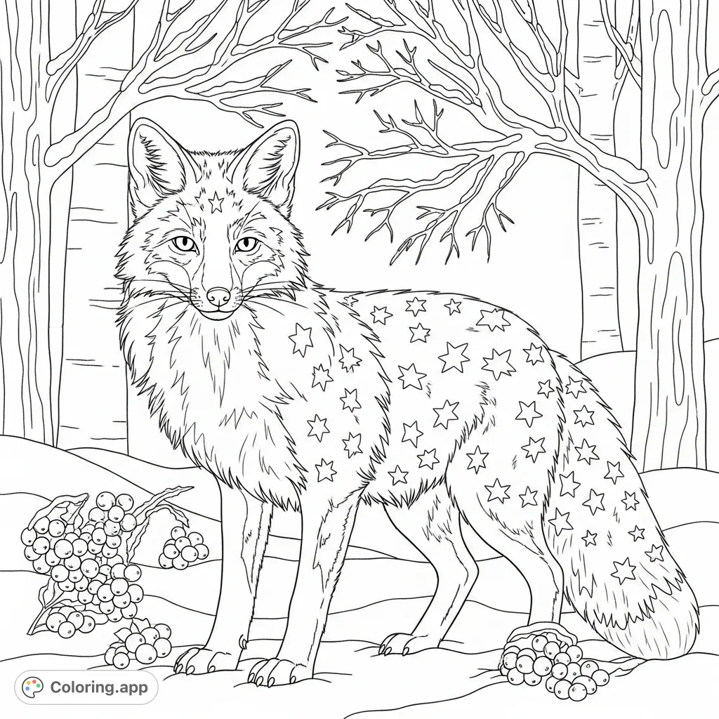 Meet Frostbite, a daring fox, roaming a serene snowy forest. His fur is adorned with star patterns, seeking berries amidst a winter wonderland.