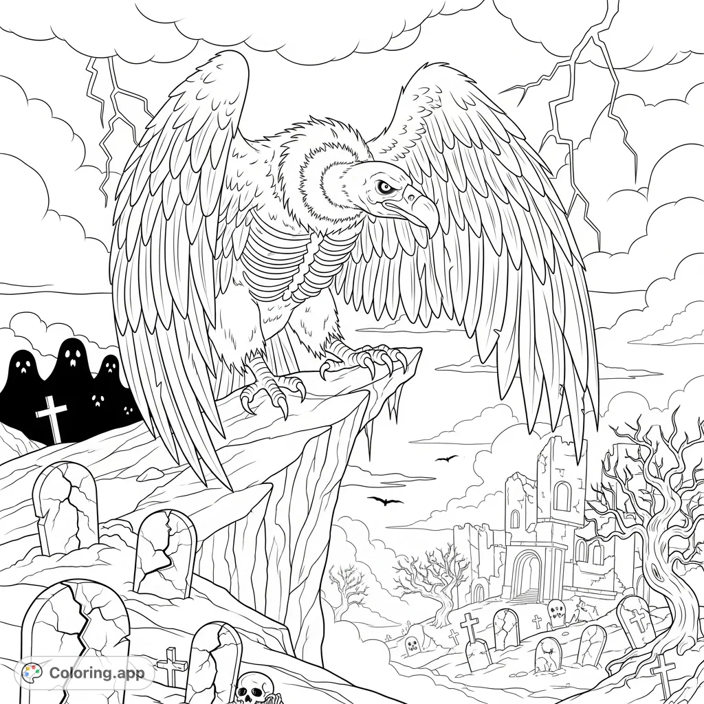 Encounter Grim Reaper, a fearsome vulture with boney features and sharp talons, perched on a jagged cliff overlooking a mist-covered graveyard and ruins.