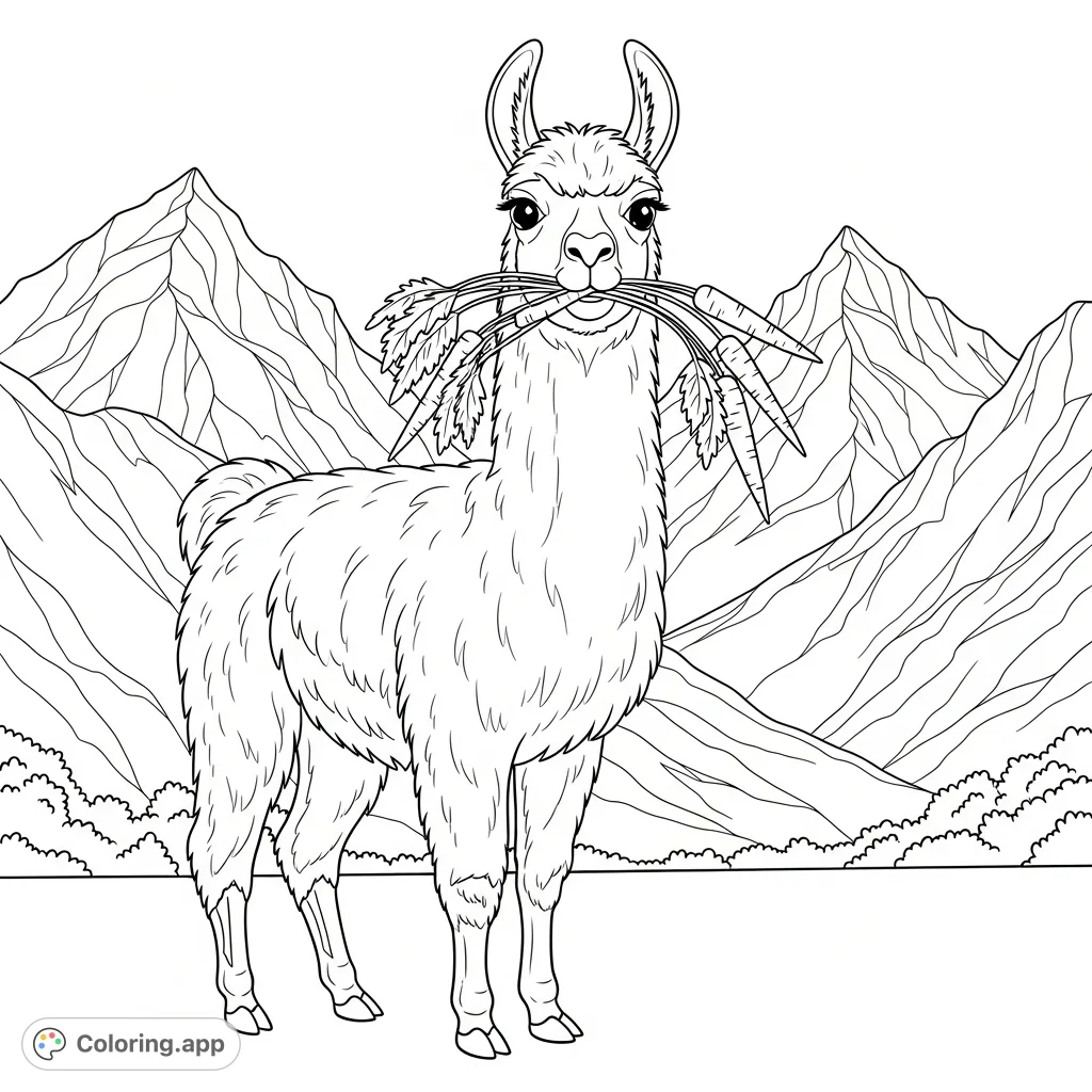 Meet Holly, the adorable llama, enjoying crunchy carrots amidst majestic mountains. A charming mountain llama coloring page for kids and adults.
