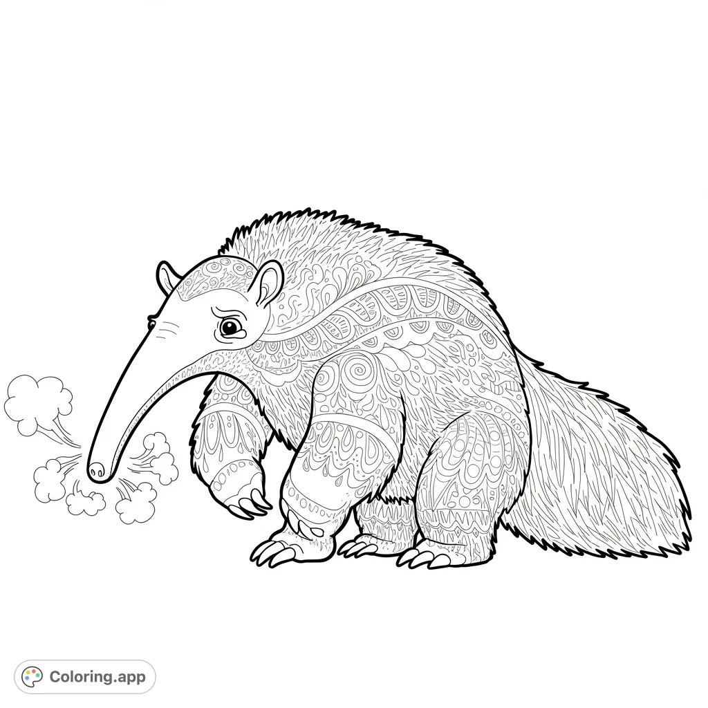 Detailed anteater with intricate patterns, perfect for a relaxing coloring experience. Free printable anteater coloring page for all ages and skill levels.
