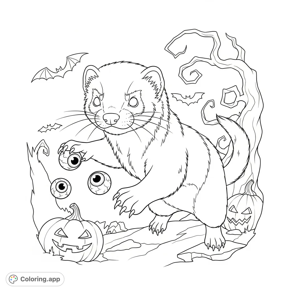 Join Jack, the daring ferret, on a spooky Halloween adventure! This free printable coloring page features Jack with his sharp claws and favorite juicy treats.
