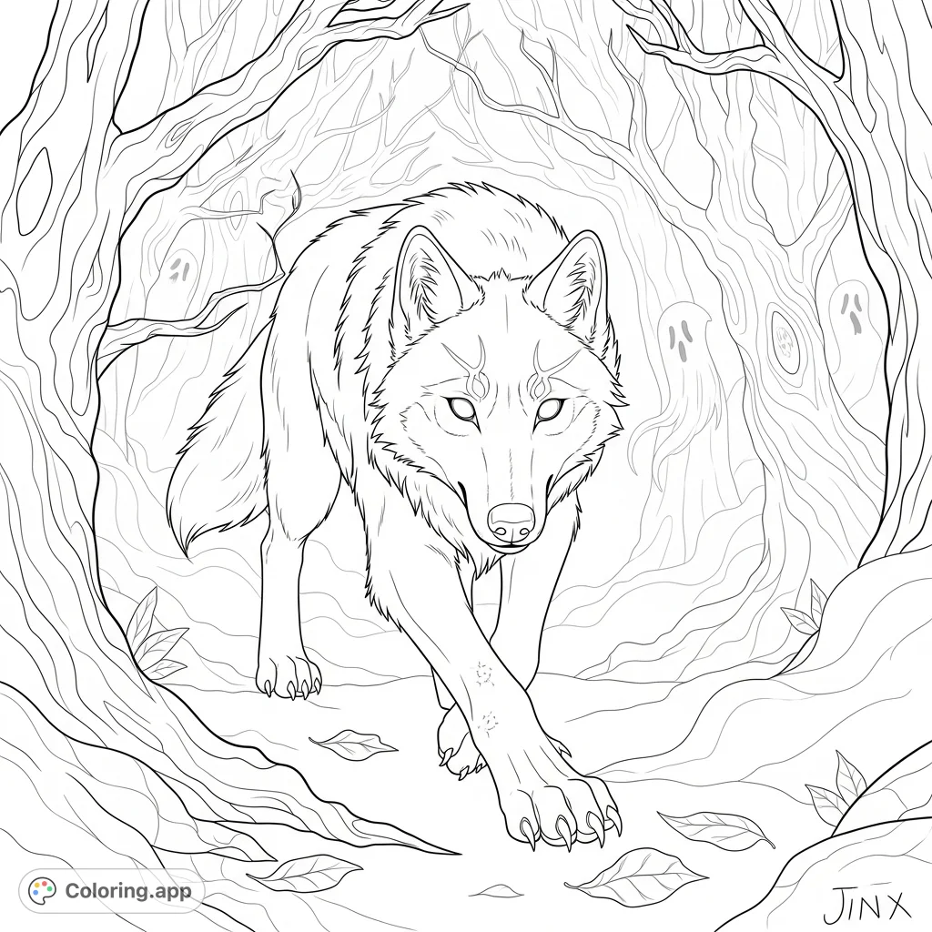 Witness Jinx, a mysterious wolf, emerging from the shadows of a haunted forest on a chilling Halloween night. Intricate details of twisted trees and fallen leaves await your creative touch.