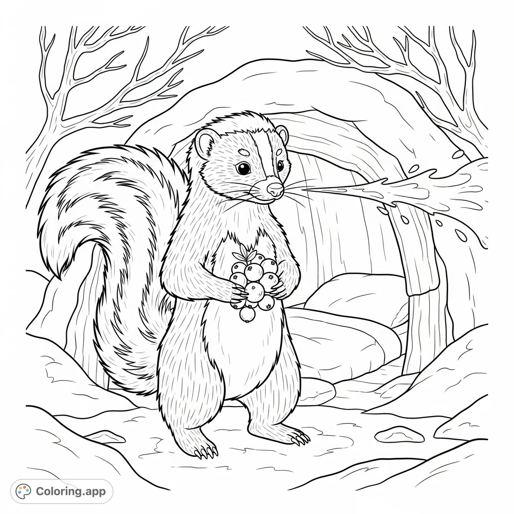 Color Juniper, a daring skunk, with her distinct fur patterns, holding cranberries near her cozy den in a snowy wilderness. Features a unique liquid spray!