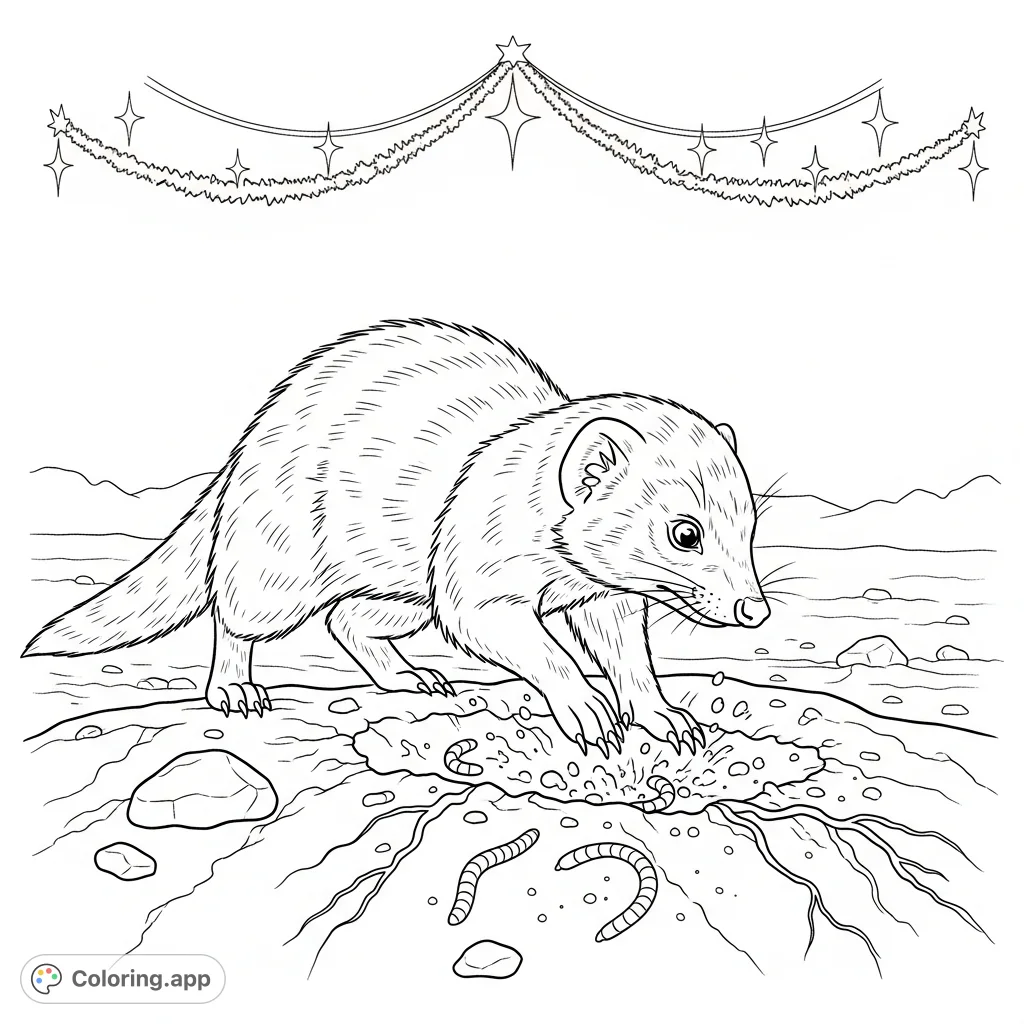 Kringle the spirited mongoose vigorously digs for mealworms in textured ground, with subtle festive elements. An adventurous Kringle coloring page for creative fun!