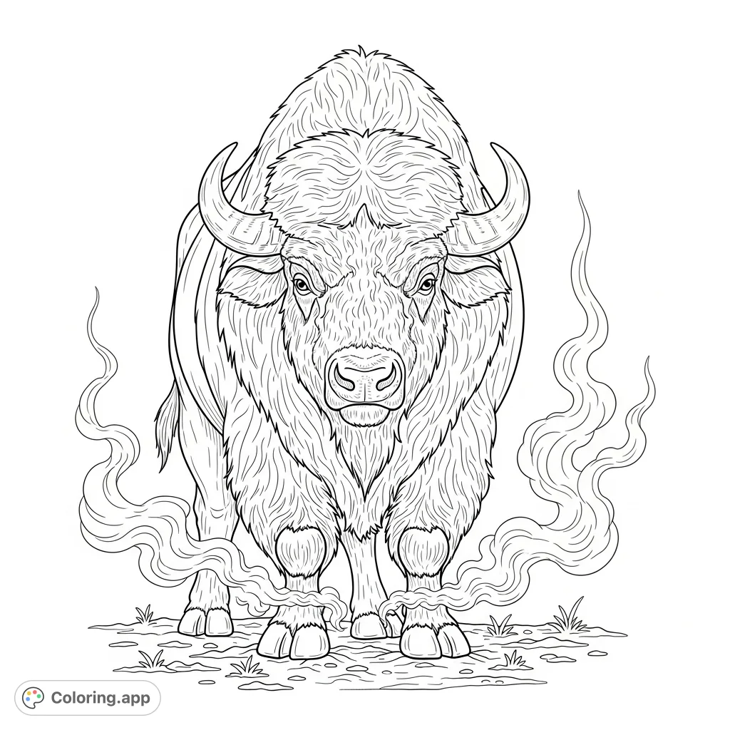 Discover a powerful buffalo, its textured coat and horns detailed, as a mysterious vapor rises from its sturdy feet. A unique buffalo coloring page.