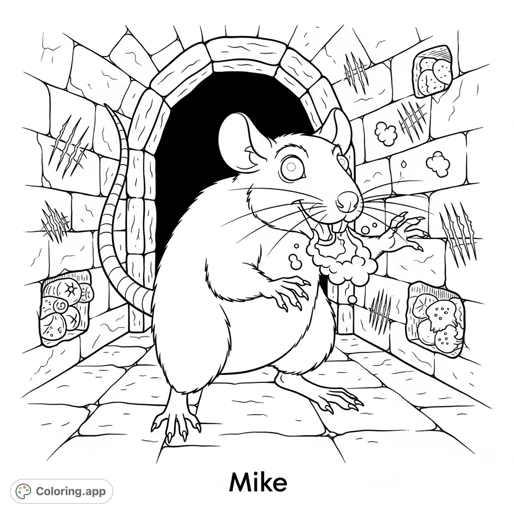 Discover Mike, a sleek rat with flickering eyes and sharp claws, emerging from a shadowy cellar filled with scratching sounds and hidden foods. A spooky Halloween creature!